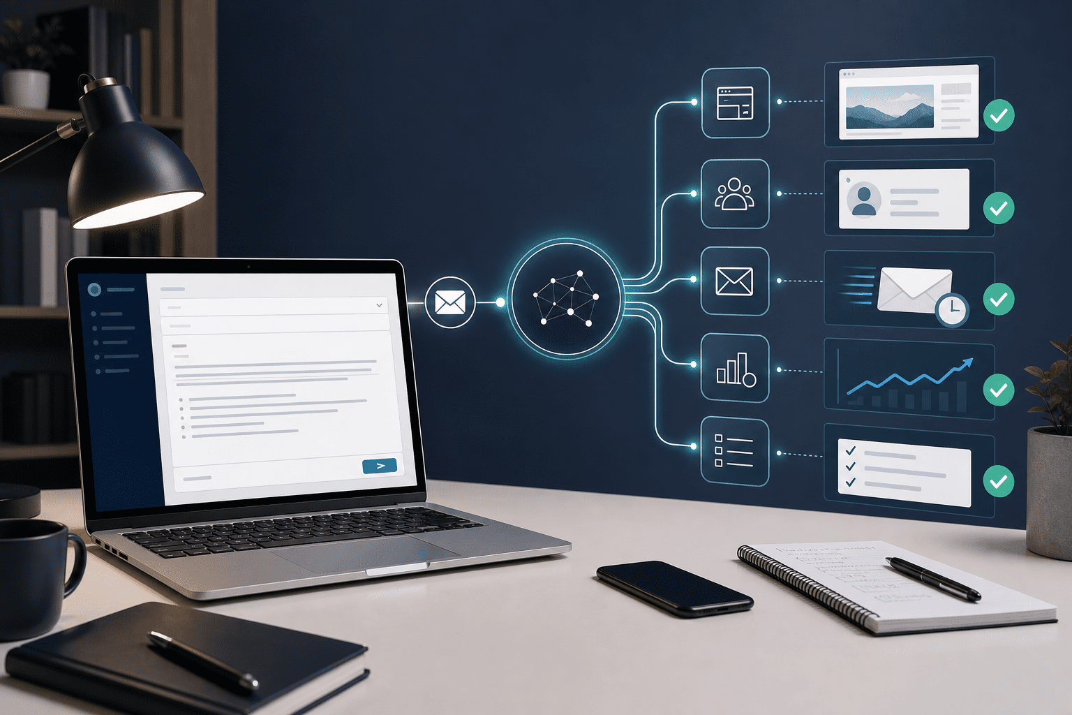 Workflow automation dashboard on a laptop, with connected icons for email, web pages, users, analytics, and tasks